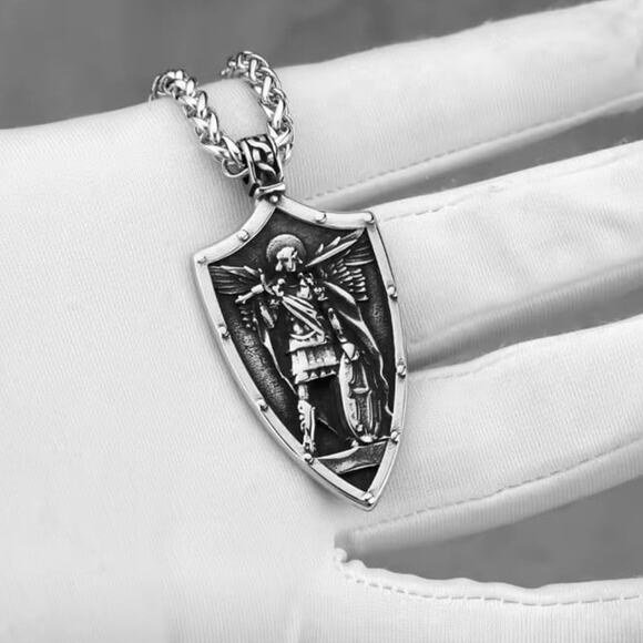 Retro Stainless steel Saint Michael Archangel Wing Shield  Stainless Steel Archangel Saint Michael Necklace Vintage Fashion Cross & Sword